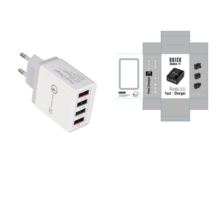 Charge multiple devices quickly with this USB Quick Charge 3.0 4-Port Adapter. Portable, efficient, and perfect for smartphones and tablets on the go.