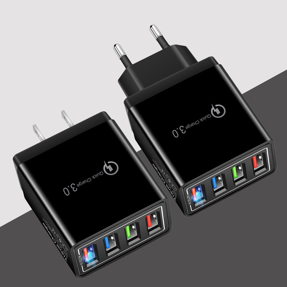 Charge multiple devices quickly with this USB Quick Charge 3.0 4-Port Adapter. Portable, efficient, and perfect for smartphones and tablets on the go.