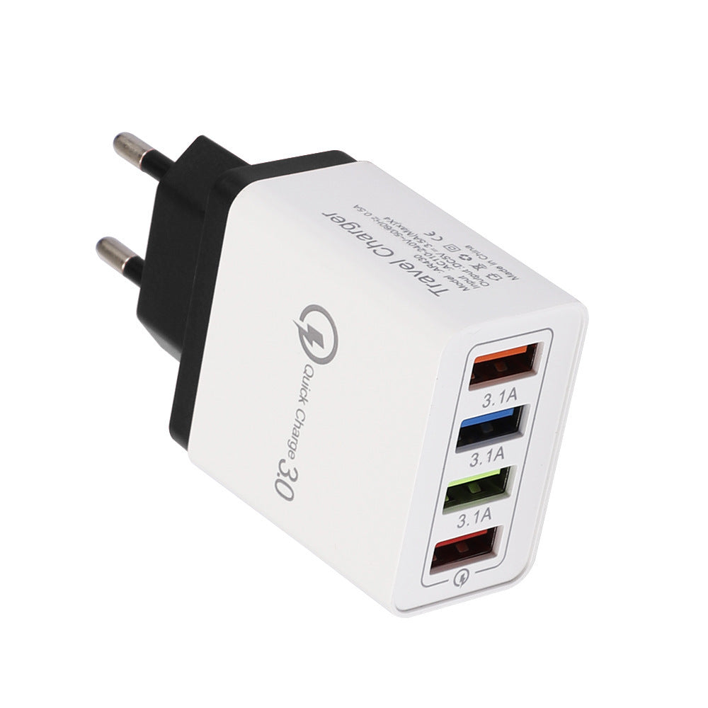 Charge multiple devices quickly with this USB Quick Charge 3.0 4-Port Adapter. Portable, efficient, and perfect for smartphones and tablets on the go.