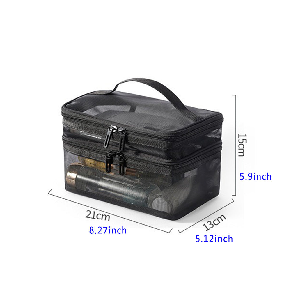 Stay organized on the go with this 2pcs Double Layer Mesh Toiletry Bag in black and grey. Lightweight, breathable, and spacious—perfect for cosmetics, toiletries, and travel essentials.