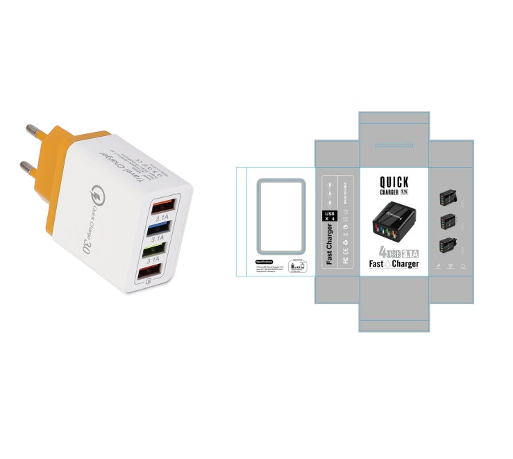 Charge multiple devices quickly with this USB Quick Charge 3.0 4-Port Adapter. Portable, efficient, and perfect for smartphones and tablets on the go.