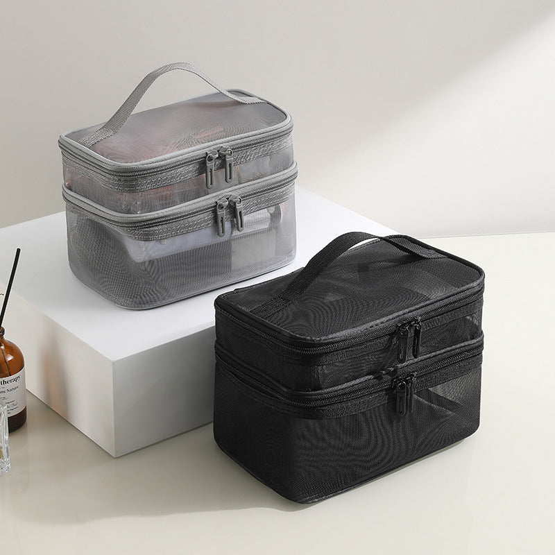 Stay organized on the go with this 2pcs Double Layer Mesh Toiletry Bag in black and grey. Lightweight, breathable, and spacious—perfect for cosmetics, toiletries, and travel essentials.