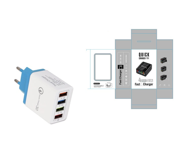Charge multiple devices quickly with this USB Quick Charge 3.0 4-Port Adapter. Portable, efficient, and perfect for smartphones and tablets on the go.