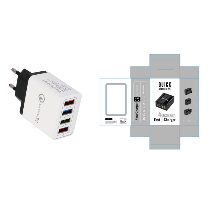 Charge multiple devices quickly with this USB Quick Charge 3.0 4-Port Adapter. Portable, efficient, and perfect for smartphones and tablets on the go.