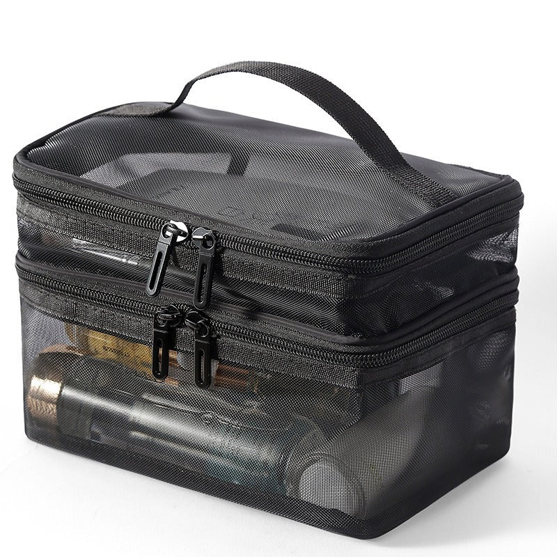 Stay organized on the go with this 2pcs Double Layer Mesh Toiletry Bag in black and grey. Lightweight, breathable, and spacious—perfect for cosmetics, toiletries, and travel essentials.