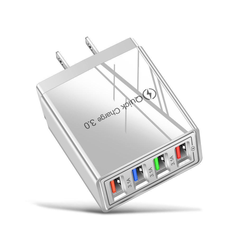 Charge multiple devices quickly with this USB Quick Charge 3.0 4-Port Adapter. Portable, efficient, and perfect for smartphones and tablets on the go.