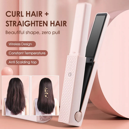Style your hair anywhere with this Cordless USB Hair Straightener. Mini ceramic design, portable, and perfect for straightening or curling on the go.