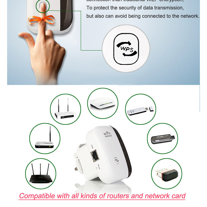 Boost your internet coverage with this Wireless WiFi Repeater and Range Extender. Easy to set up, compact, and reliable—perfect for home or office use.