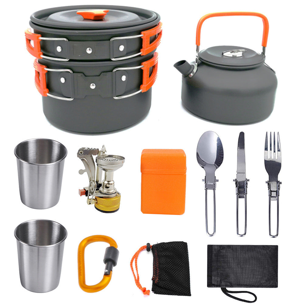 Cook anywhere with this Camping Cookware Kit Outdoor Cooking Set. Lightweight, durable, and compact, it’s perfect for hiking, picnics, BBQs, and outdoor adventures.