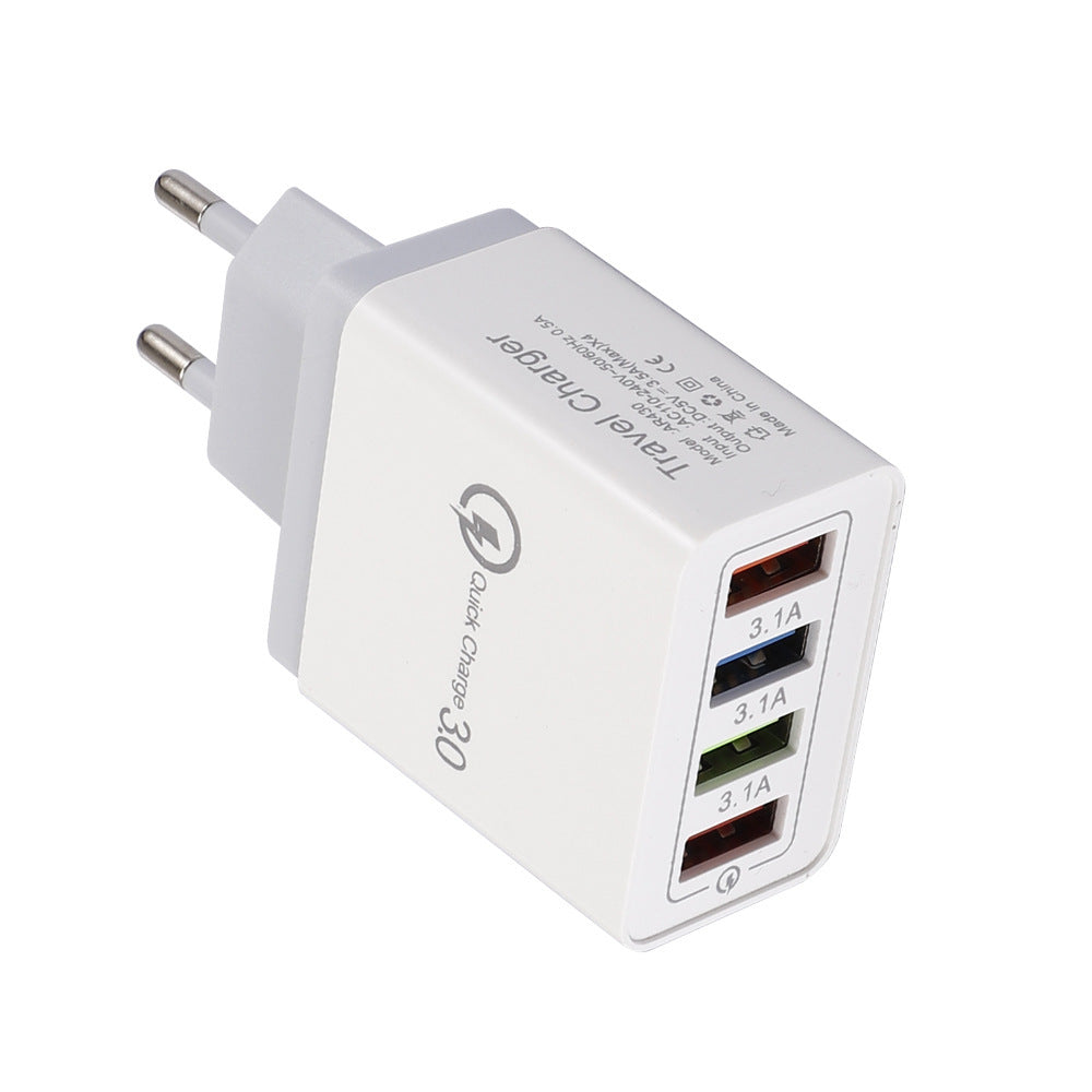 Charge multiple devices quickly with this USB Quick Charge 3.0 4-Port Adapter. Portable, efficient, and perfect for smartphones and tablets on the go.
