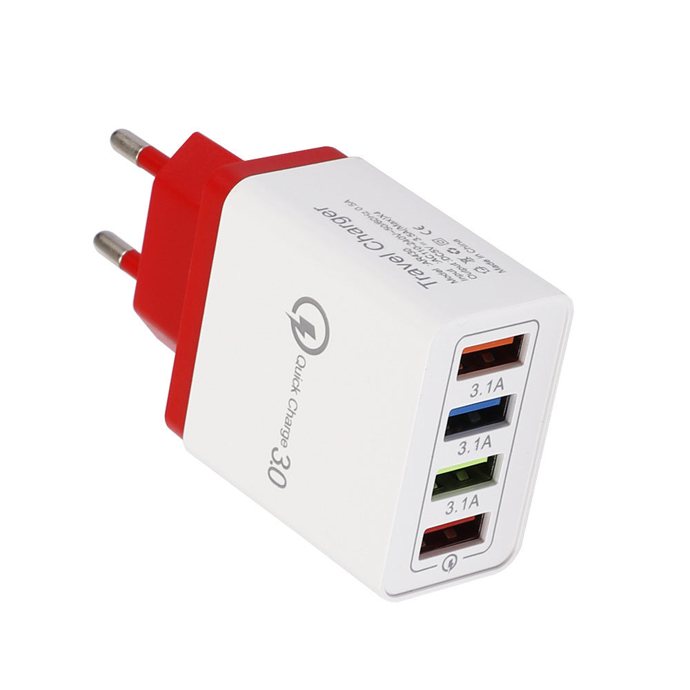 Charge multiple devices quickly with this USB Quick Charge 3.0 4-Port Adapter. Portable, efficient, and perfect for smartphones and tablets on the go.