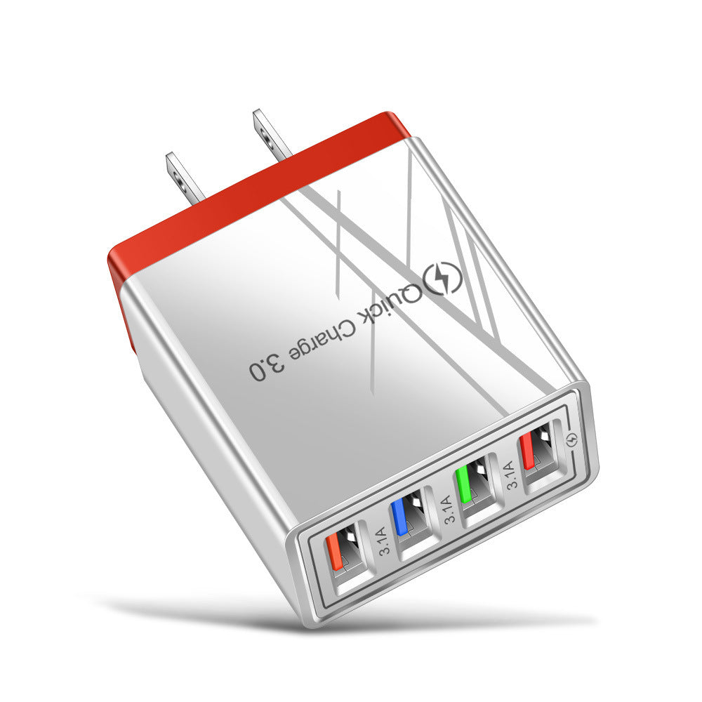 Charge multiple devices quickly with this USB Quick Charge 3.0 4-Port Adapter. Portable, efficient, and perfect for smartphones and tablets on the go.