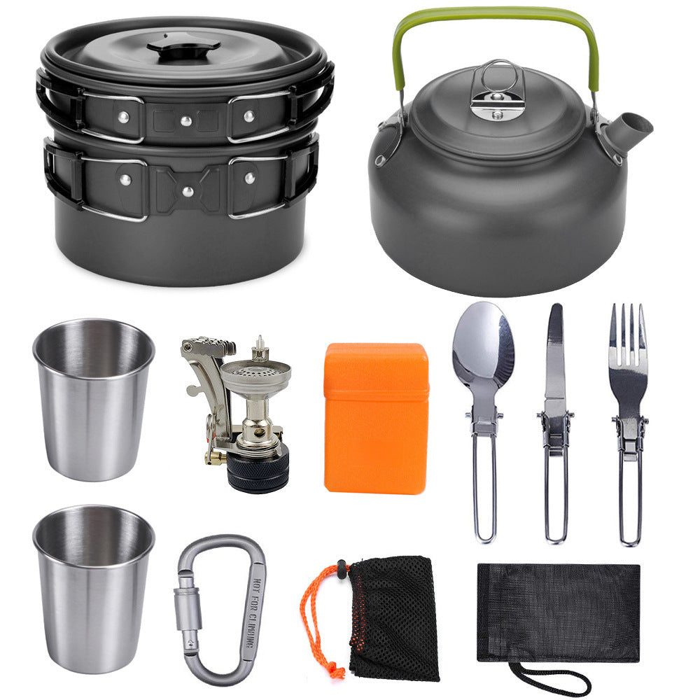 Cook anywhere with this Camping Cookware Kit Outdoor Cooking Set. Lightweight, durable, and compact, it’s perfect for hiking, picnics, BBQs, and outdoor adventures.