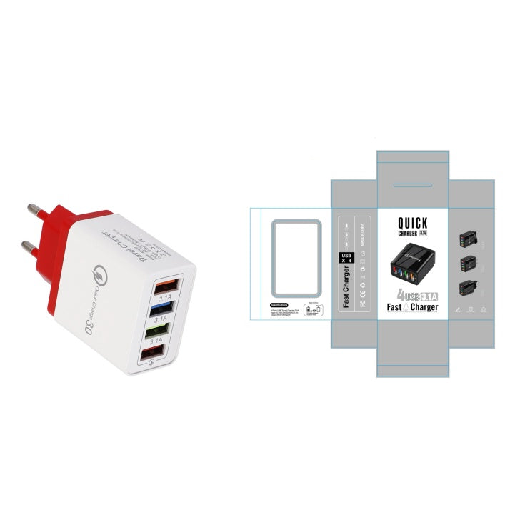 Charge multiple devices quickly with this USB Quick Charge 3.0 4-Port Adapter. Portable, efficient, and perfect for smartphones and tablets on the go.