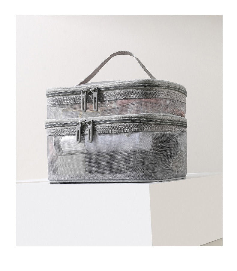 Stay organized on the go with this 2pcs Double Layer Mesh Toiletry Bag in black and grey. Lightweight, breathable, and spacious—perfect for cosmetics, toiletries, and travel essentials.