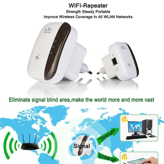 Boost your internet coverage with this Wireless WiFi Repeater and Range Extender. Easy to set up, compact, and reliable—perfect for home or office use.