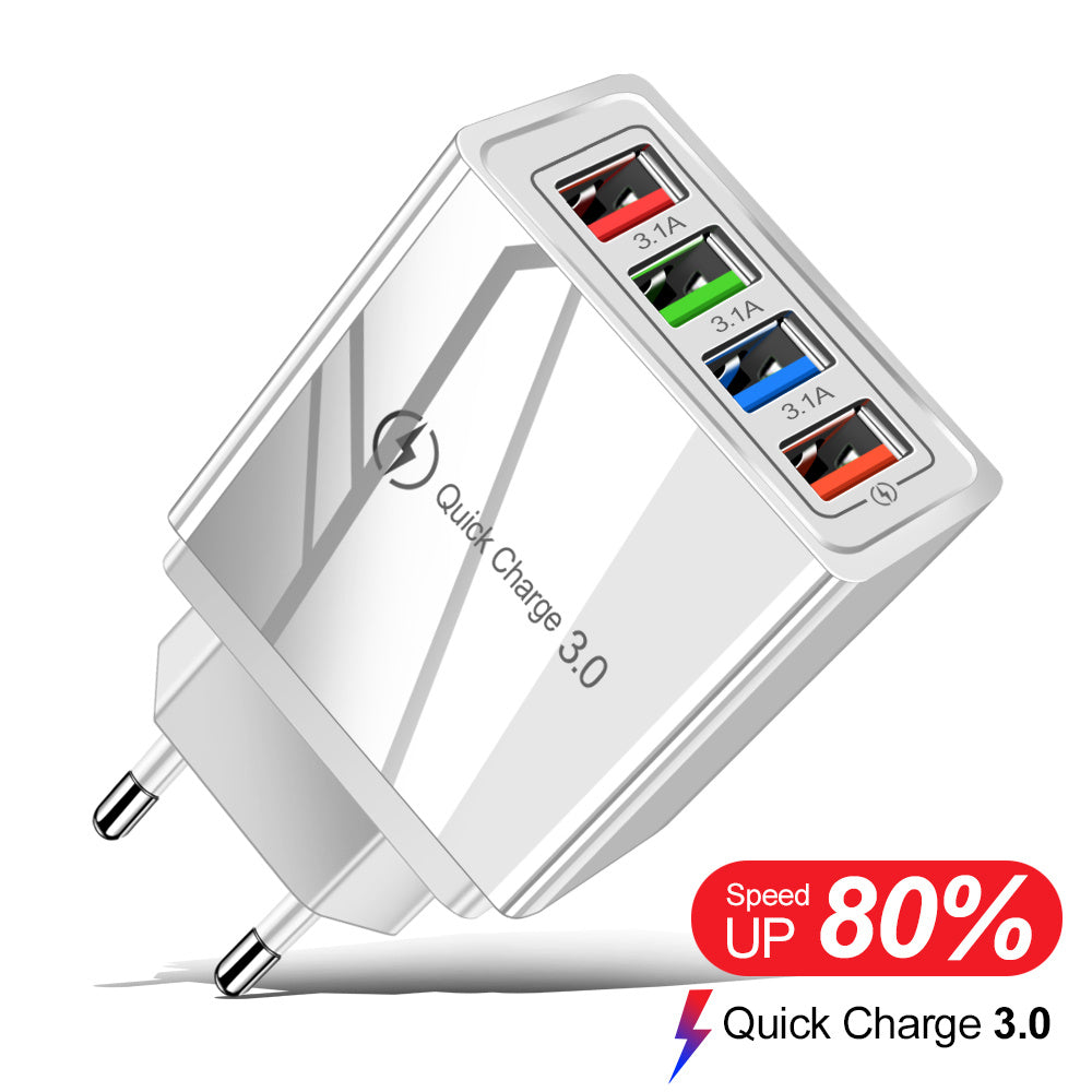 Charge multiple devices quickly with this USB Quick Charge 3.0 4-Port Adapter. Portable, efficient, and perfect for smartphones and tablets on the go.