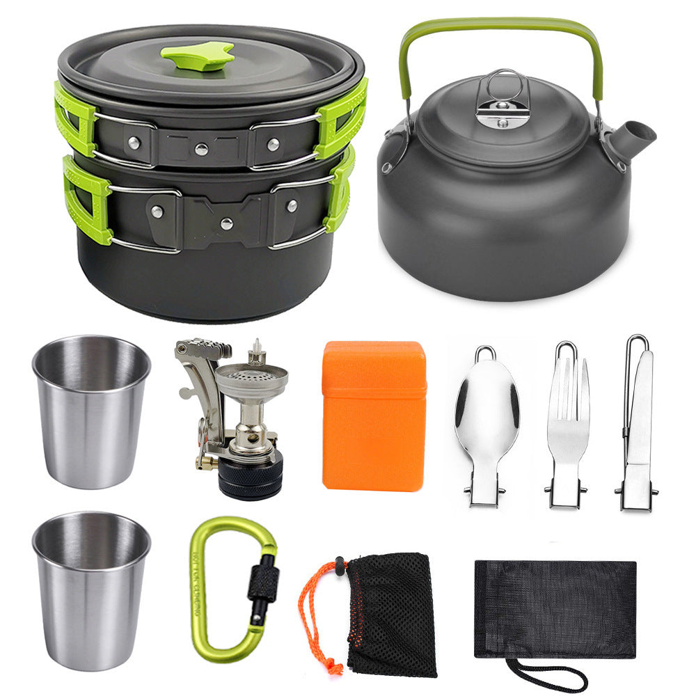 Cook anywhere with this Camping Cookware Kit Outdoor Cooking Set. Lightweight, durable, and compact, it’s perfect for hiking, picnics, BBQs, and outdoor adventures.