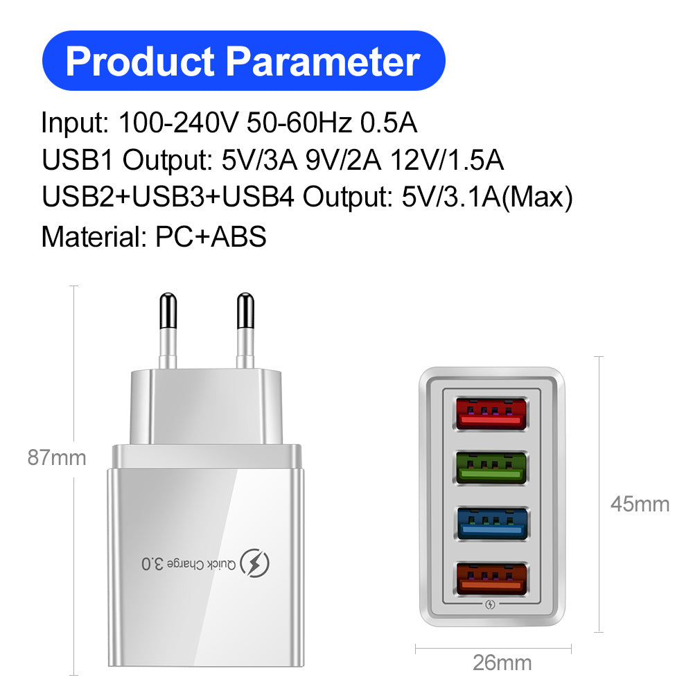 Charge multiple devices quickly with this USB Quick Charge 3.0 4-Port Adapter. Portable, efficient, and perfect for smartphones and tablets on the go.