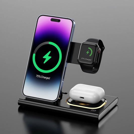 Charge all your devices efficiently with this 3-in-1 15W Wireless Charging Stand. Magnetic, fast-charging, and multifunctional—perfect for phones, iWatch, and bedside use.