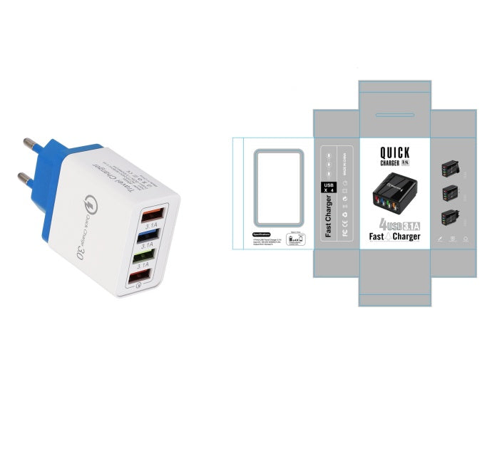 Charge multiple devices quickly with this USB Quick Charge 3.0 4-Port Adapter. Portable, efficient, and perfect for smartphones and tablets on the go.