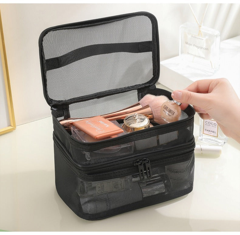 Stay organized on the go with this 2pcs Double Layer Mesh Toiletry Bag in black and grey. Lightweight, breathable, and spacious—perfect for cosmetics, toiletries, and travel essentials.