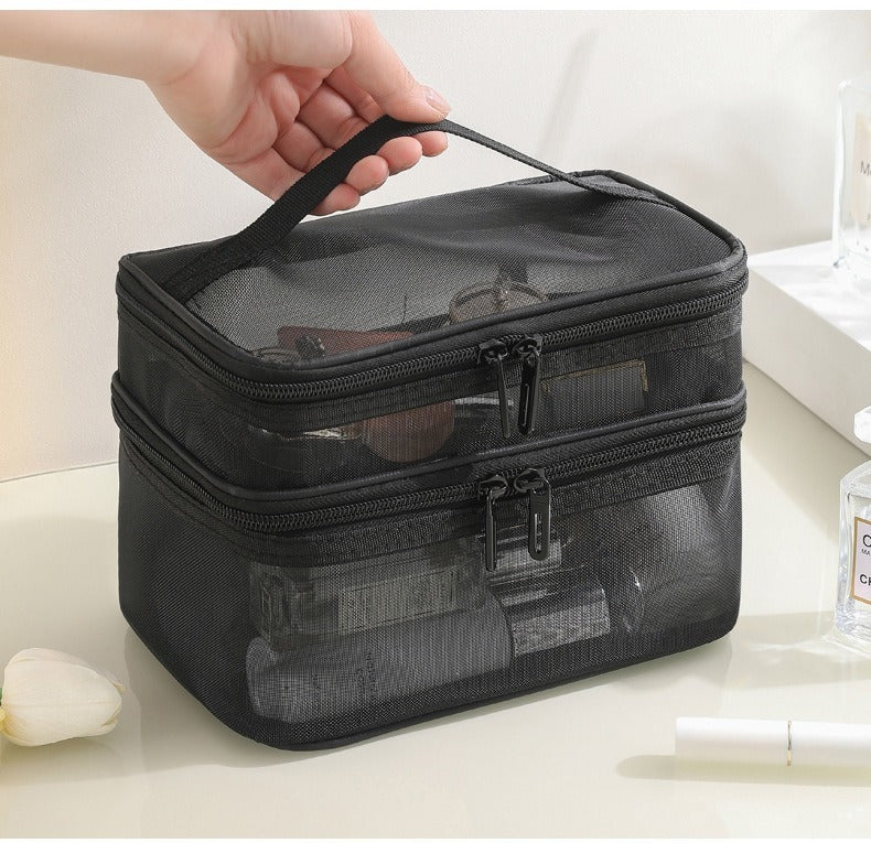 Stay organized on the go with this 2pcs Double Layer Mesh Toiletry Bag in black and grey. Lightweight, breathable, and spacious—perfect for cosmetics, toiletries, and travel essentials.
