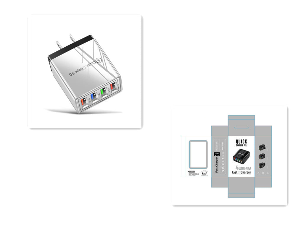 Charge multiple devices quickly with this USB Quick Charge 3.0 4-Port Adapter. Portable, efficient, and perfect for smartphones and tablets on the go.