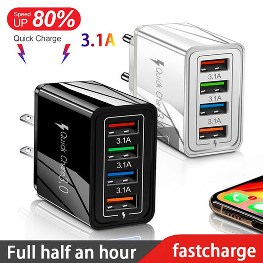 Charge multiple devices quickly with this USB Quick Charge 3.0 4-Port Adapter. Portable, efficient, and perfect for smartphones and tablets on the go.