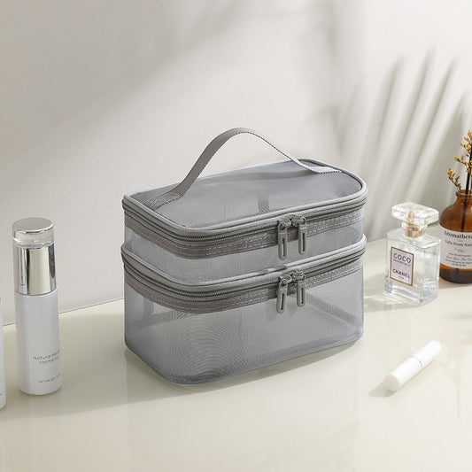 Stay organized on the go with this 2pcs Double Layer Mesh Toiletry Bag in black and grey. Lightweight, breathable, and spacious—perfect for cosmetics, toiletries, and travel essentials.